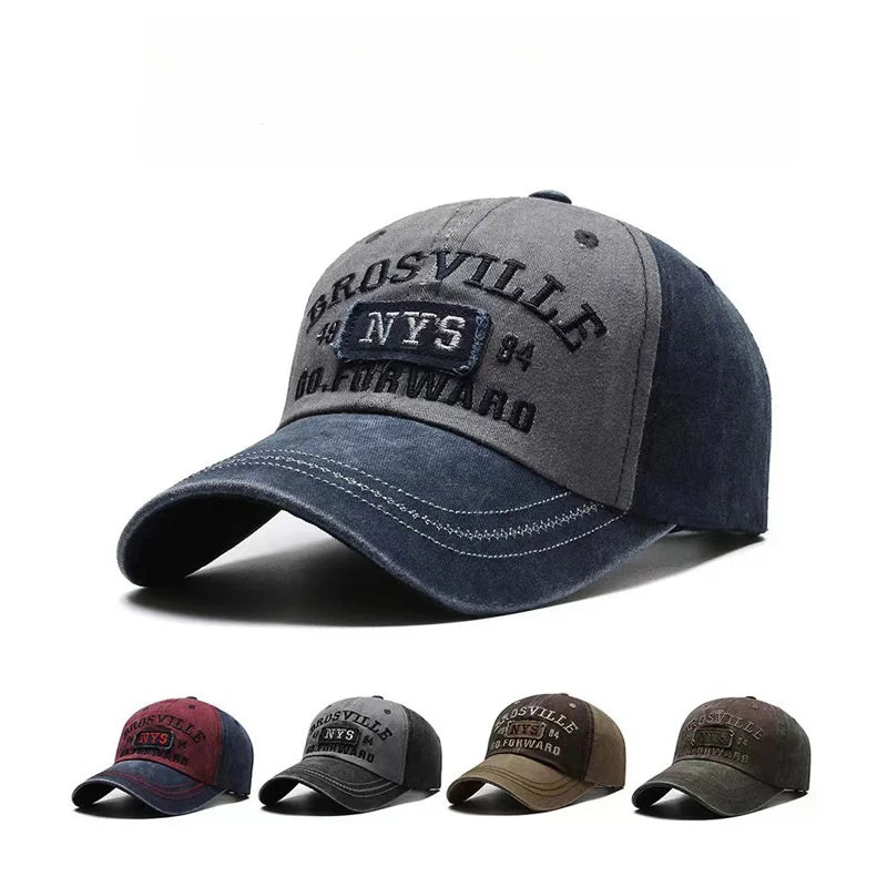 Four Seasons Men Baseball Cap Casual Distressed Washed Cotton Letter Embroidered Cap Bent Brim Dome Casual Sun Protection Hat