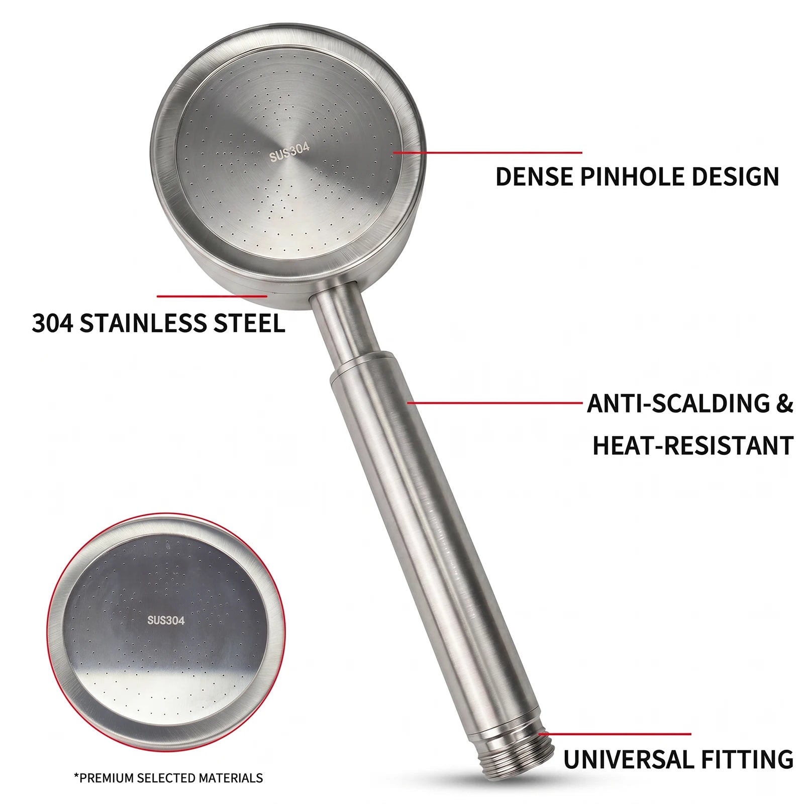 304 Stainless Steel Handheld Shower Head  High Pressure Booster   Universal Connector  Bathroom Shower Sprayer for Home Bath