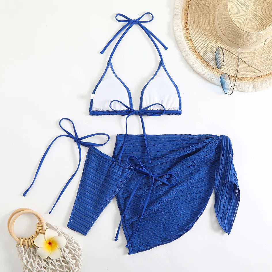 Sexy 3 Pieces Bikini Women Swimsuit 2025 Summer Halter Triangle Swimwear Bottom Bikinis Sets Beach Cover Up Female Bathing Suits