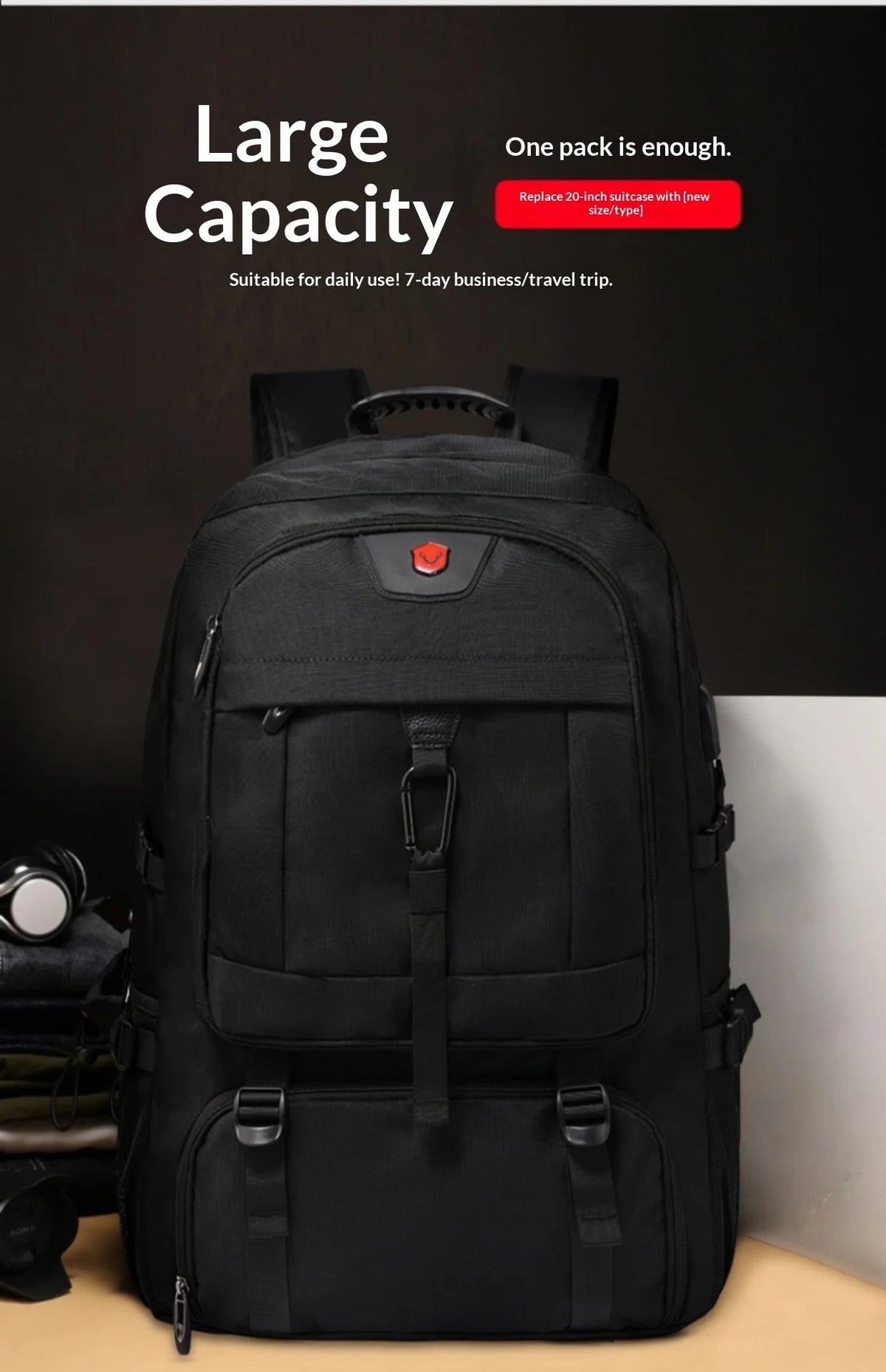 50L 80L Men's Large Travel Backpack, Separate Shoe Compartment Waterproof Business Backpack Outdoor Sports Black Storage Bag