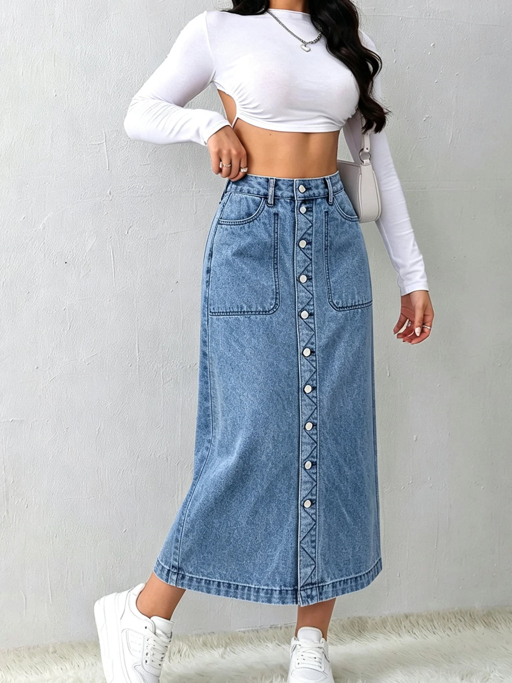 Women's High-Waisted Light Blue Denim A-Line Skirt with Large Pockets and Button-Down Front—Comfortable, Versatile, Flattering,