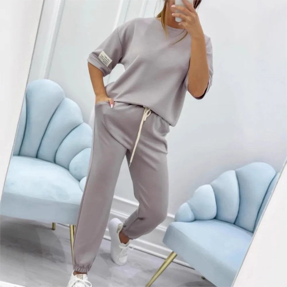 Fashion O Neck Short Sleeve Solid Color T-shirt Women Trousers 2-piece Set Summer Casual Sports Elastic Small Feet Trousers Suit