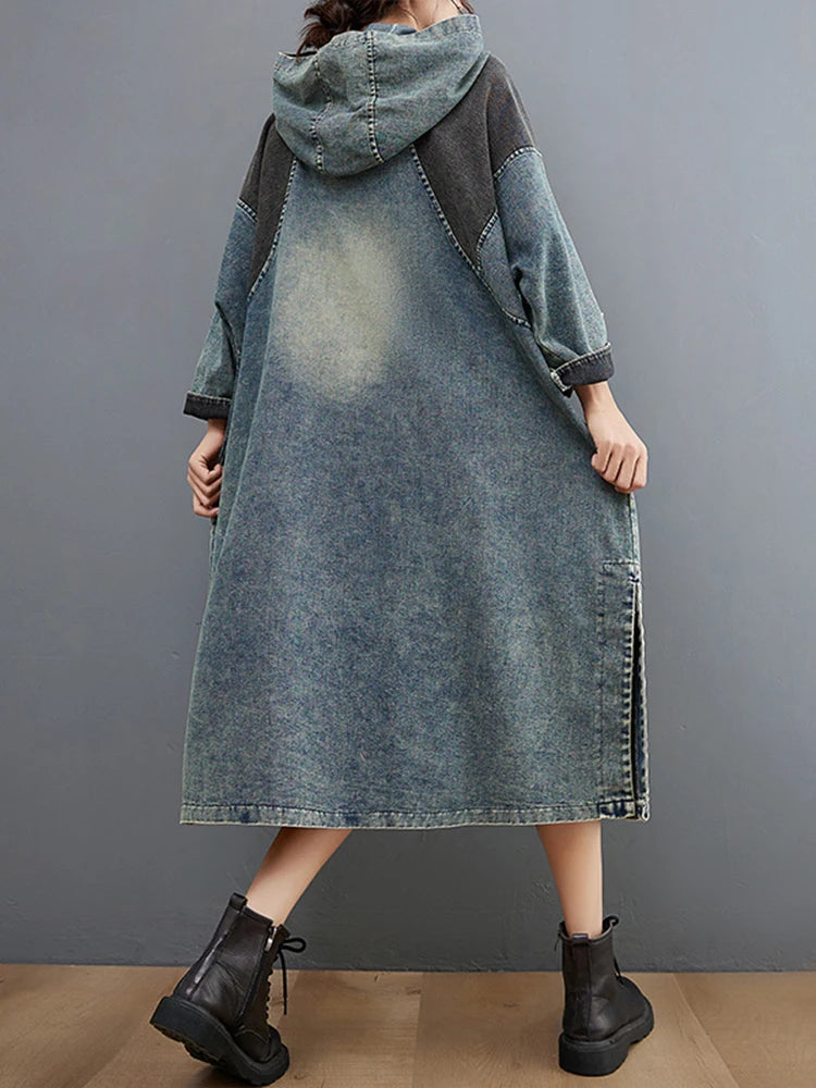 Amax luluE Autumn Womens Loose Vintage Hooded Design Denim Dresses European Style Casual Patchwork Long Vestidos Pockets Dress