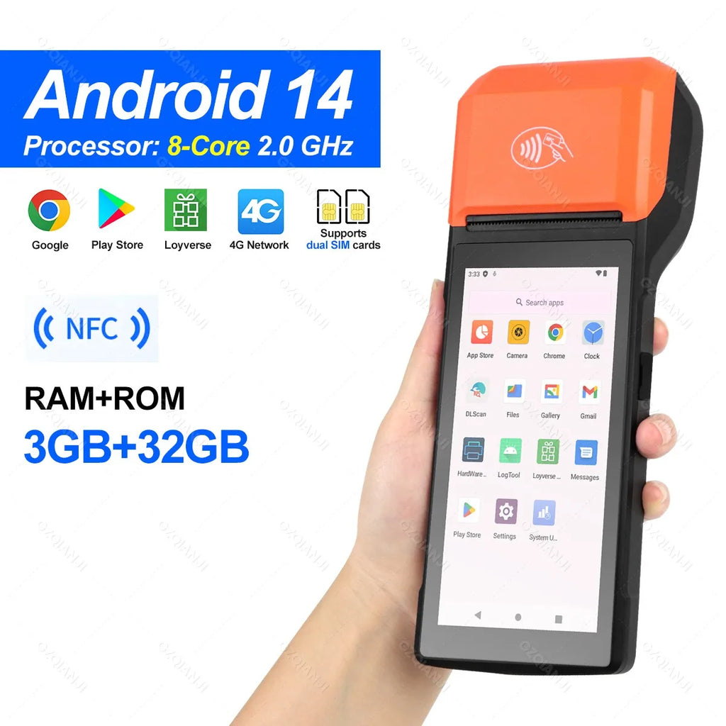 Android 14/13/11 3G 4G Handheld POS Terminal With 58mm Thermal Printer 1D 2D Scanner NFC Reader RAM3GB ROM32GB Mobile Device