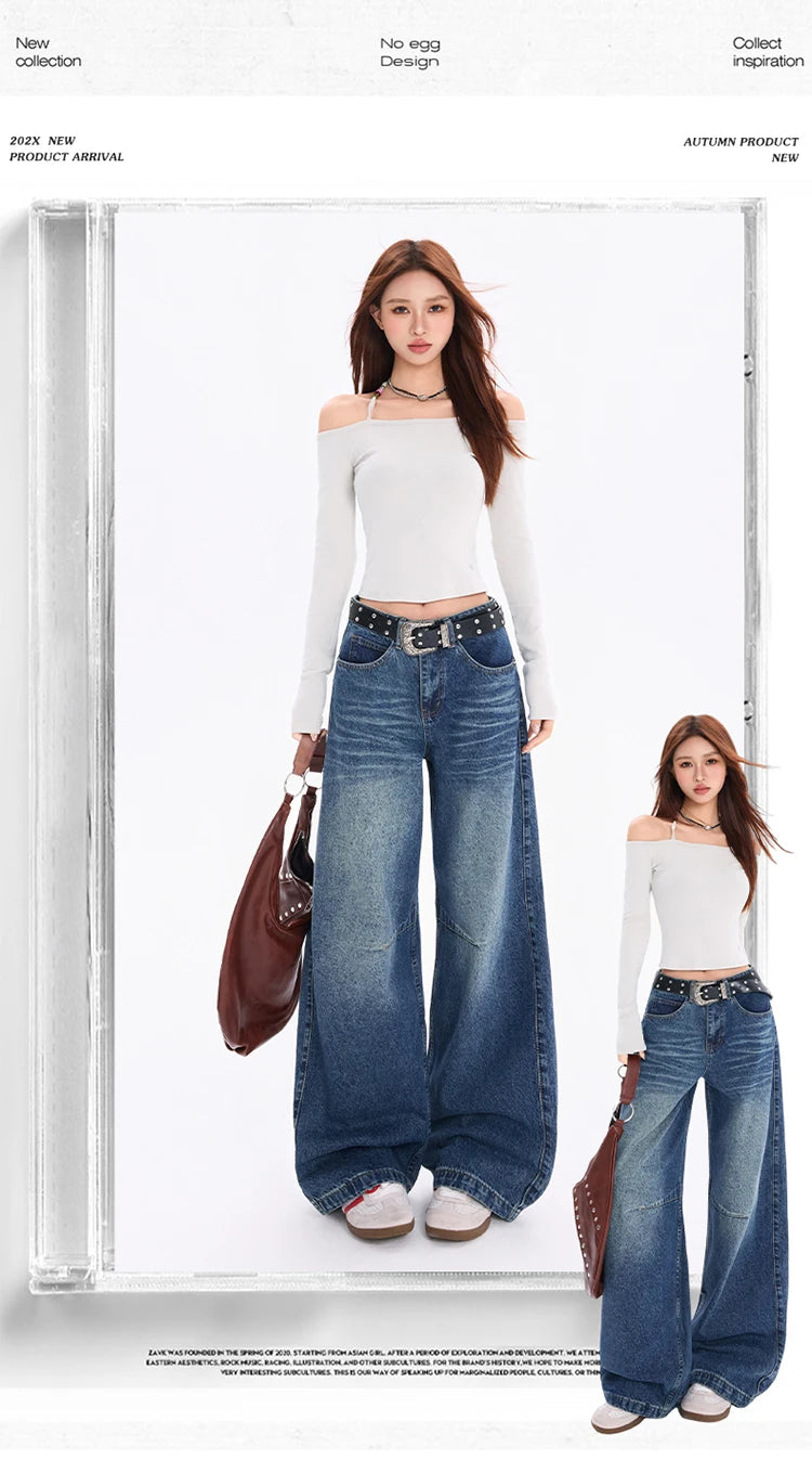 Women's American Vintage Curved Balloon Jeans Loose Curved Leg Denim Trousers
