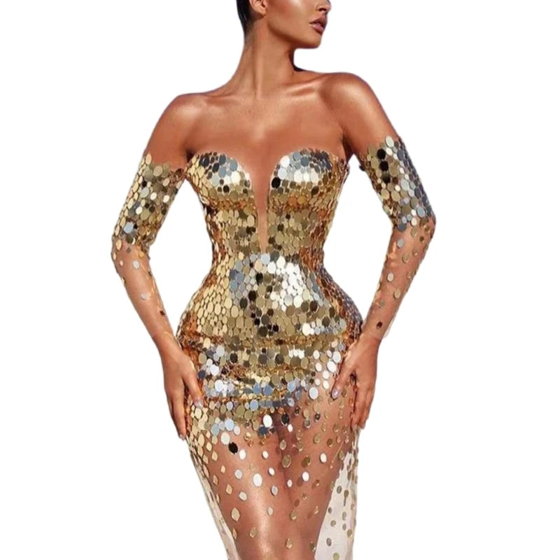 Long Sleeve Bare Shoulder Glitter Sequined Dress See Through Mesh Spliced Bodycon Party Cocktail Evening Dress for Women