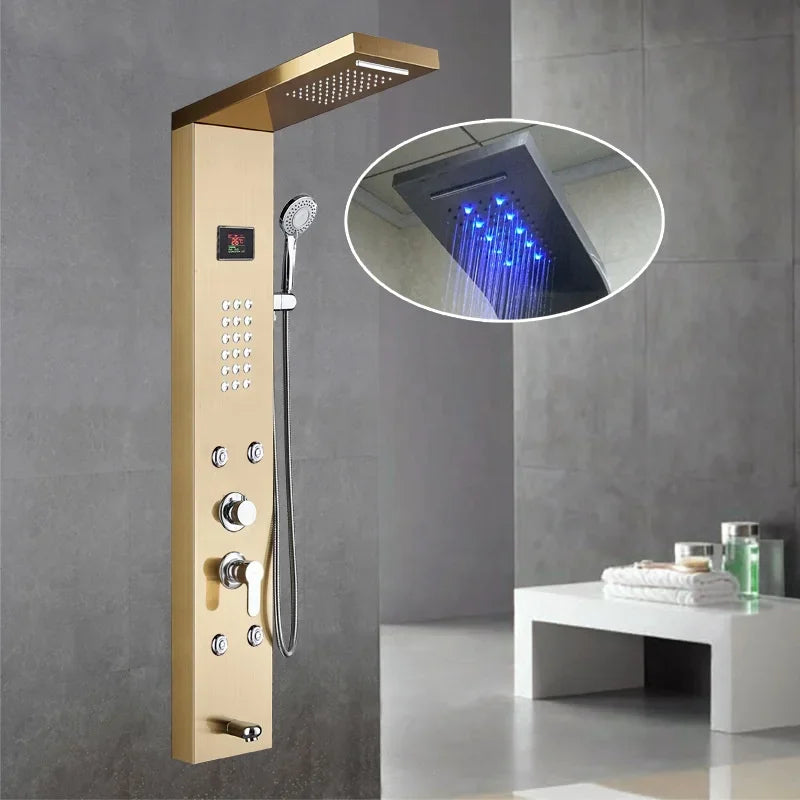 Luxury Black Color Thermostatic Led Rain Shower Head Bathroom Stainless Steel Wall Mounted Waterfall Shower Panels