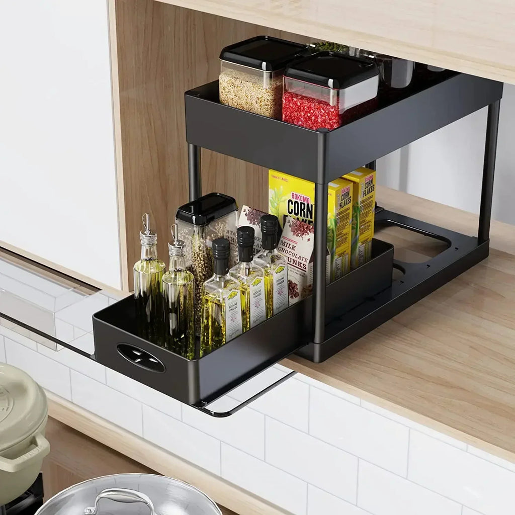 Kitchen Bathroom Under Sink Organizer 2-Tier Sliding Storage Basket Multipurpose Shelf with Hanging Cup and Hook Accessories