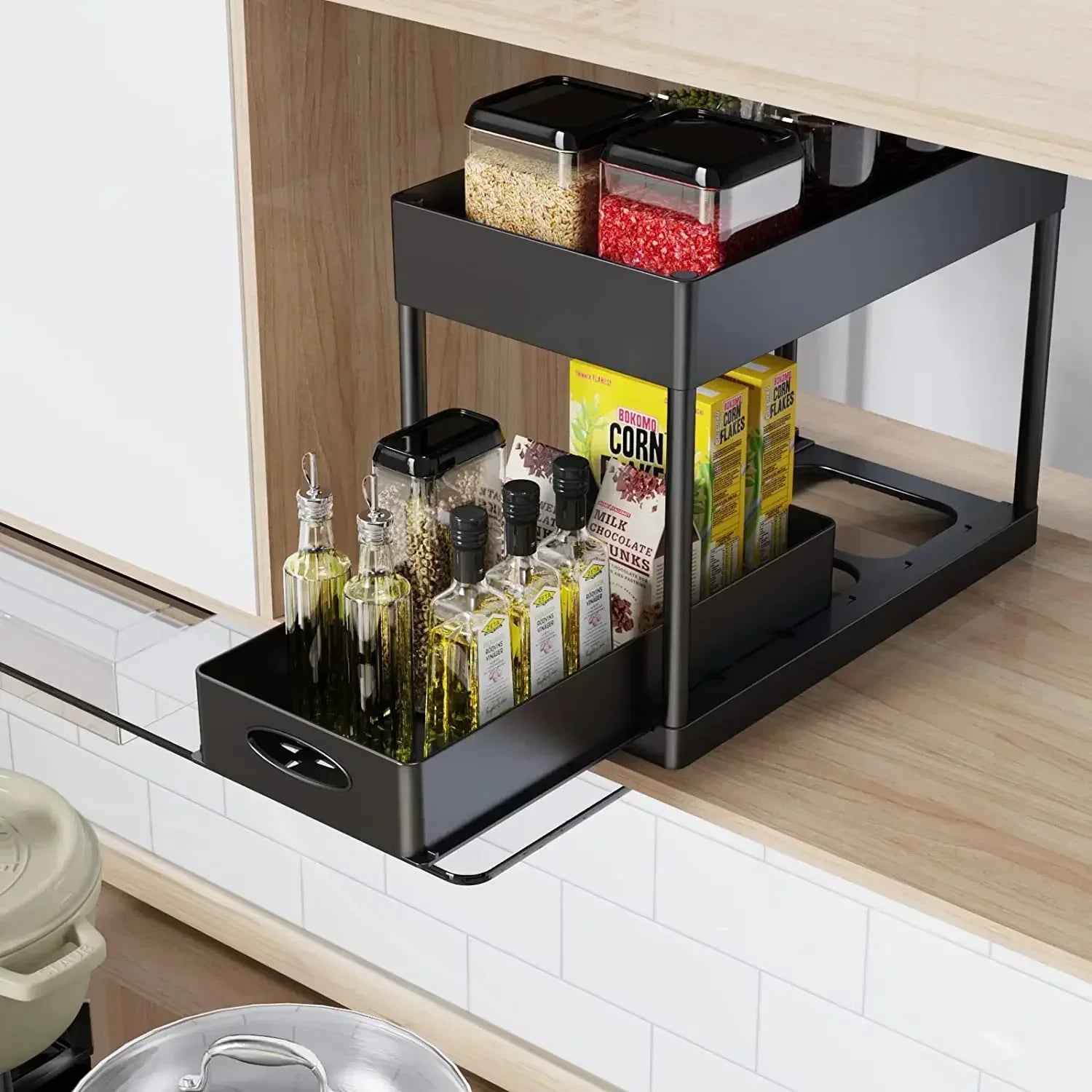 Kitchen Bathroom Under Sink Organizer 2-Tier Sliding Storage Basket Multipurpose Shelf with Hanging Cup and Hook Accessories