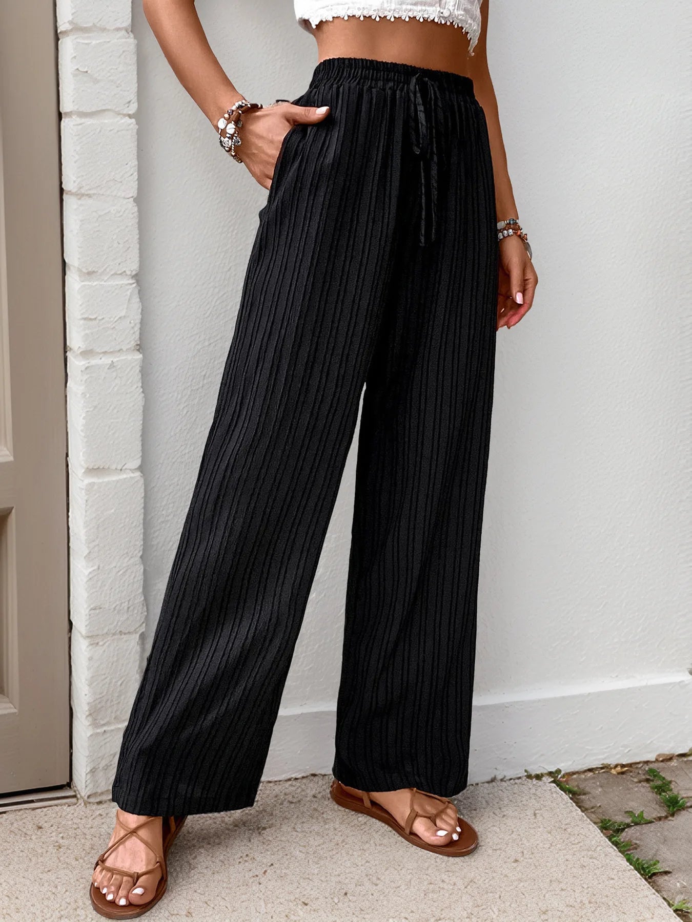 Womens High Waist Pleated Wide Leg Pants Simple Versatile Loose Casual Trousers