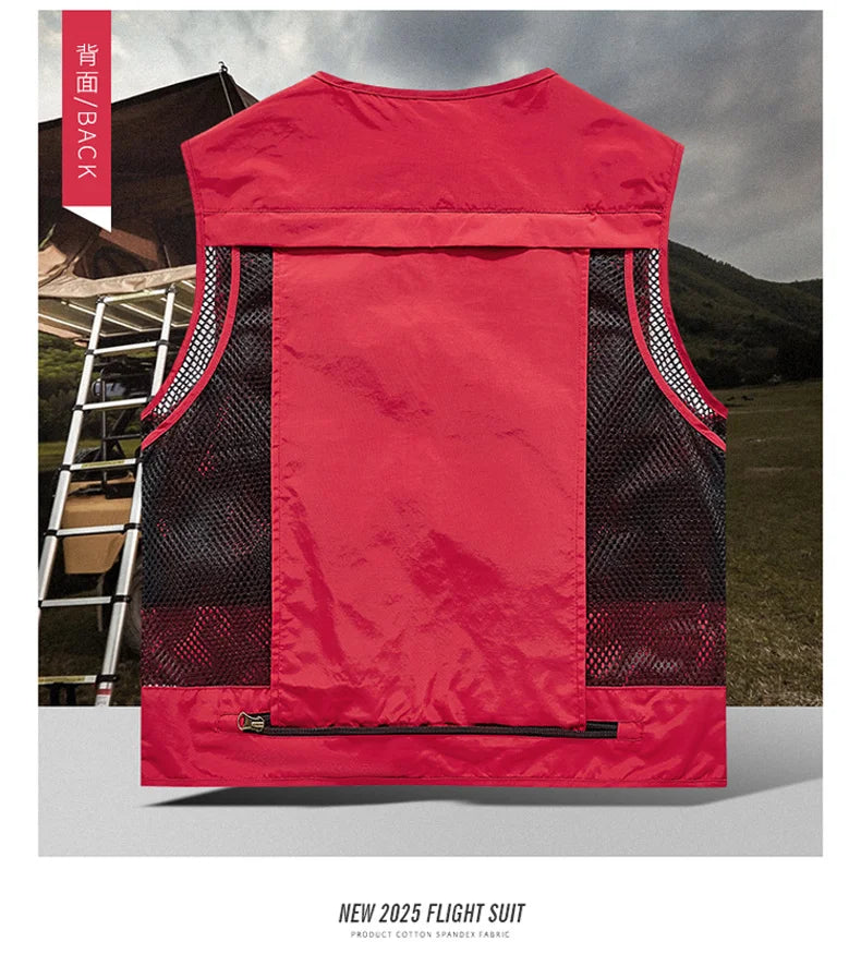 Mesh Men's Fishing Vest Multi Zip Pocket Hiking Waistcoat Male Light Thin Outdoor Sleeveless Jacket Work Summer Travel Plus Size