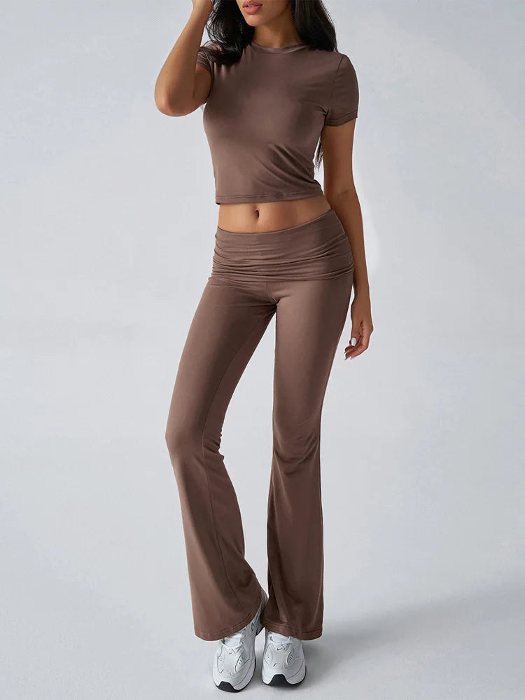 Women's Sexy Tops Suits 2026 Summer Latest Casual Solid Color Yoga Suit Slim Fit Sports Short Sleeved Pants Two-Piece Set Outfit