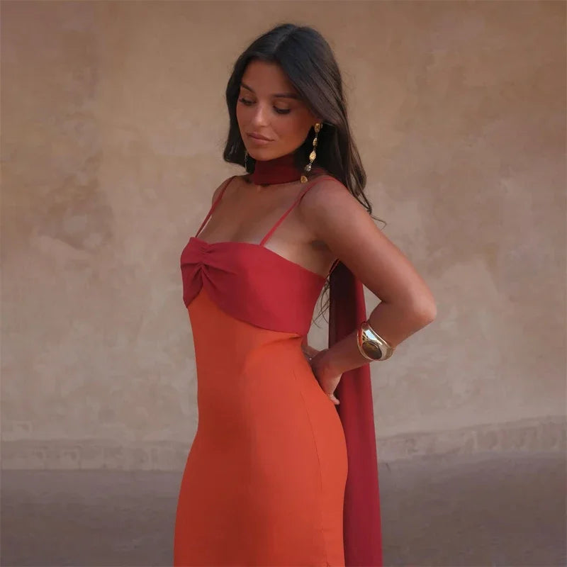 Color Blocking Scarf Collar Sling Dress Sexy Waist Cinching Chic Split Bodycon Maxi Dresses 2026 Lady Club Party Vestido