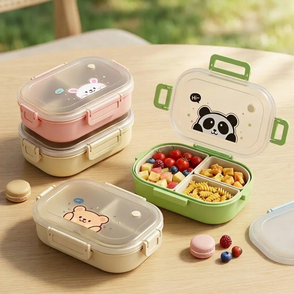 Microwaveable Plastic Lunch Box With 3 Compartments Cartoon Kids Divided Bento Box Portable Food Storage Container School Picnic