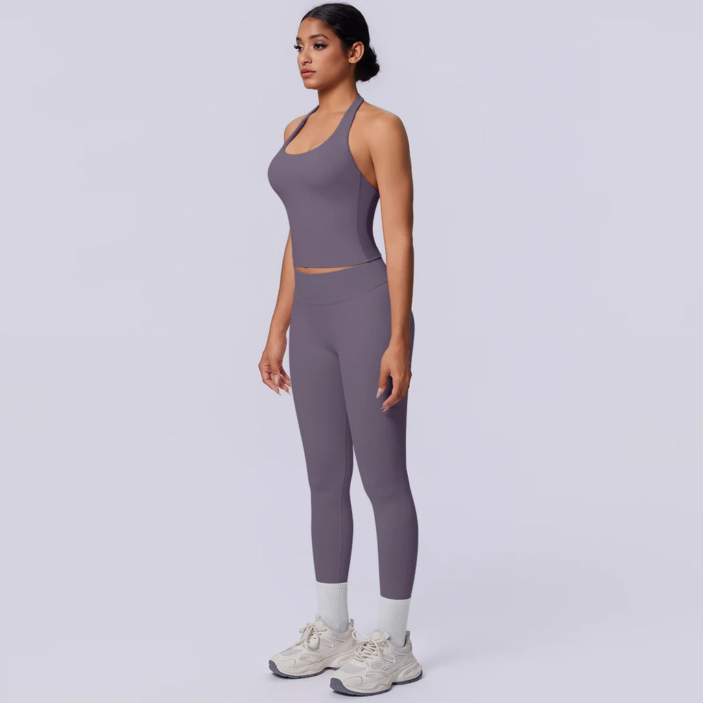2PCS Woman Yoga Set Solid Color Sexy Fitness Top Summer Gym Workout High Stretch Female Pants Sports Fitness Clothing Yoga Set