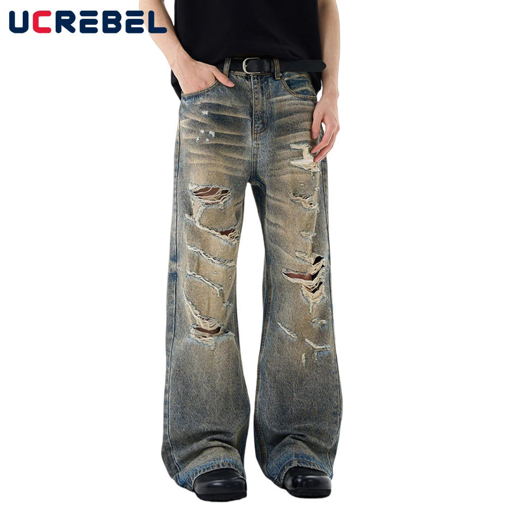 Ripped Straight Jeans Mens Retro High Street Washed Distressed Baggy Wide Leg Trousers Men