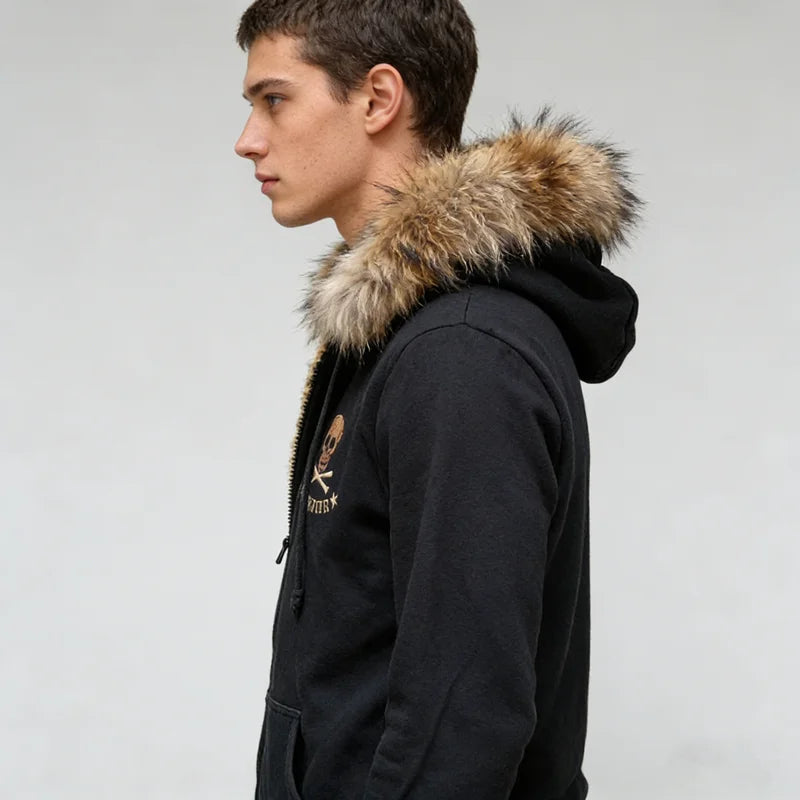 2026 American Fashion Trend Fur Collar Zipper Hoodie Men Street Hip Hop Retro Loose Sweatshirt Unisex Fleece Padded Warm Hoodie
