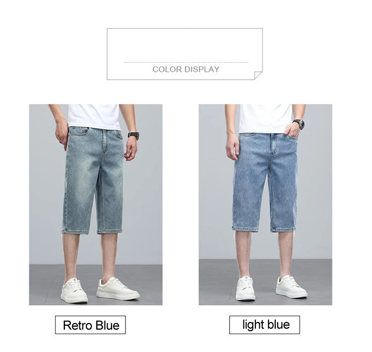 Summer men's six inch shorts over the knee thin straight tube minimalist elastic denim shorts Baggy Jeans Shorts for Men  3/4