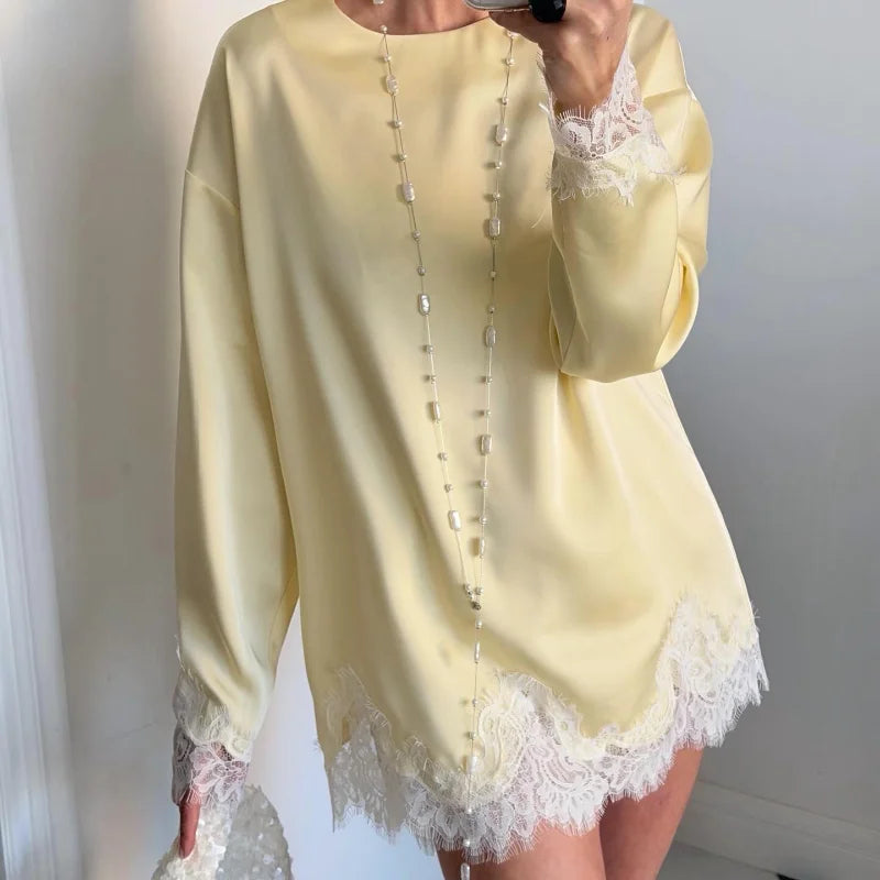 Elegant Lace Loose Dress Women Solid O-neck Full Sleeve Patchwork Dresses Female 2026 Summer White Robe Lady