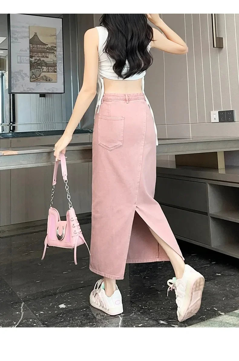 New Summer Women's 100% Cotton Denim Shorts Pink High-waisted Slit Retro Elegant Fashionable Casual Denim Long Skirt Female
