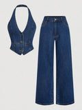 Retro Denim Pants Sets for Women Fashion Sleeveless Single Breasted Halter Tops High Waist Loose Jeans Simple Trend Casual Suits