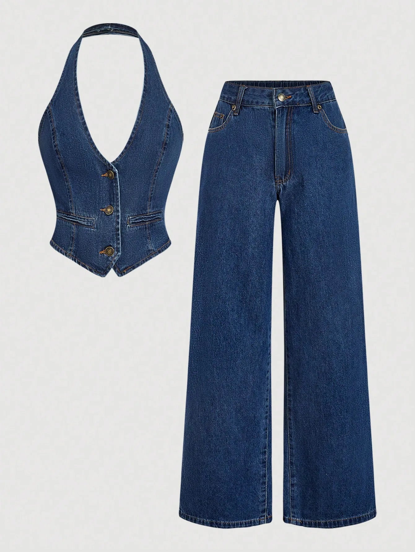 Retro Denim Pants Sets for Women Fashion Sleeveless Single Breasted Halter Tops High Waist Loose Jeans Simple Trend Casual Suits