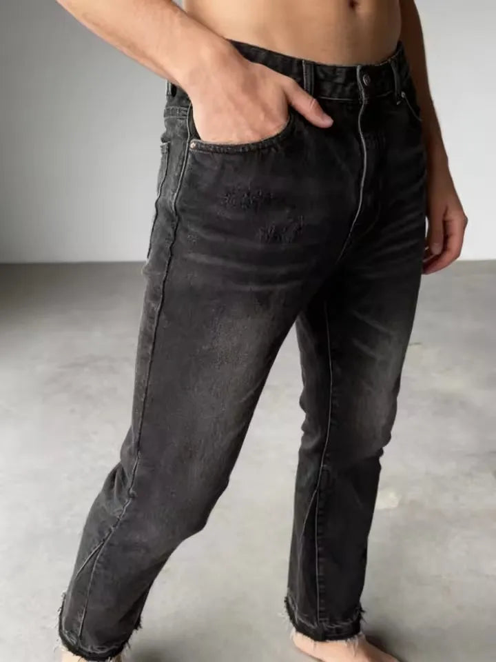 Y2K Trendy Retro Men Womens Black Ripped and Distressed Jeans Street Casual Loose Jeans Harajuku Hip Hop Frayed Hem Gothic Jeans