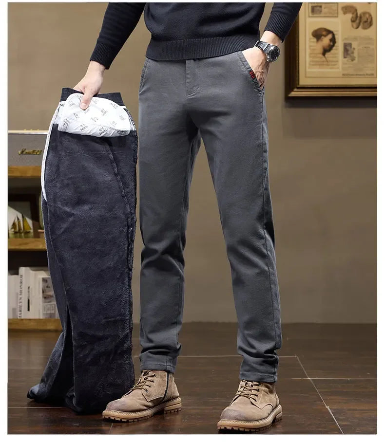 Korean Fashion Fleece Men's Casual Pants Slim Straight Youth Warm Trousers Thickened Thermal Stretch Male Clothes Trendy Brand
