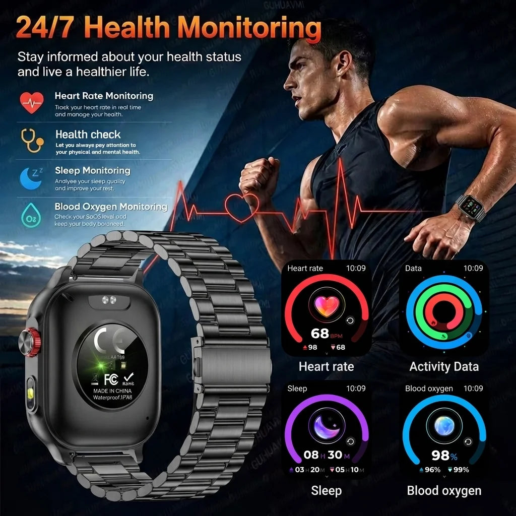 New1400mAh Military Grade Smart Watch 600 hours Battery Life 5ATM Waterproof BT Call Alert LED Flashlight 100+Sports Watches Men