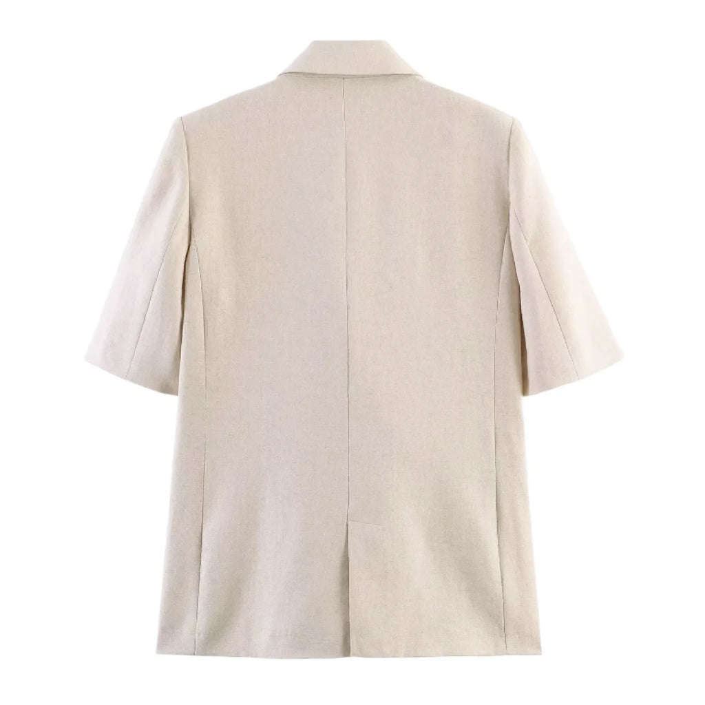 Women's Two Piece Suit Summer 2026 Double Breasted Short Sleeve Blazer High Waist Wide Leg Trousers Female Commute Office Set
