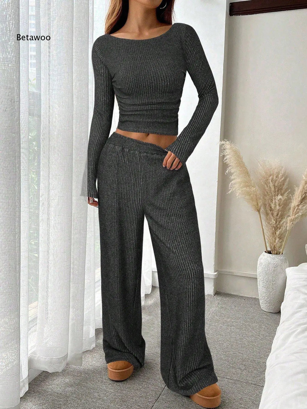 Ribbed Knit Off Shoulder Loungewear Set for Women