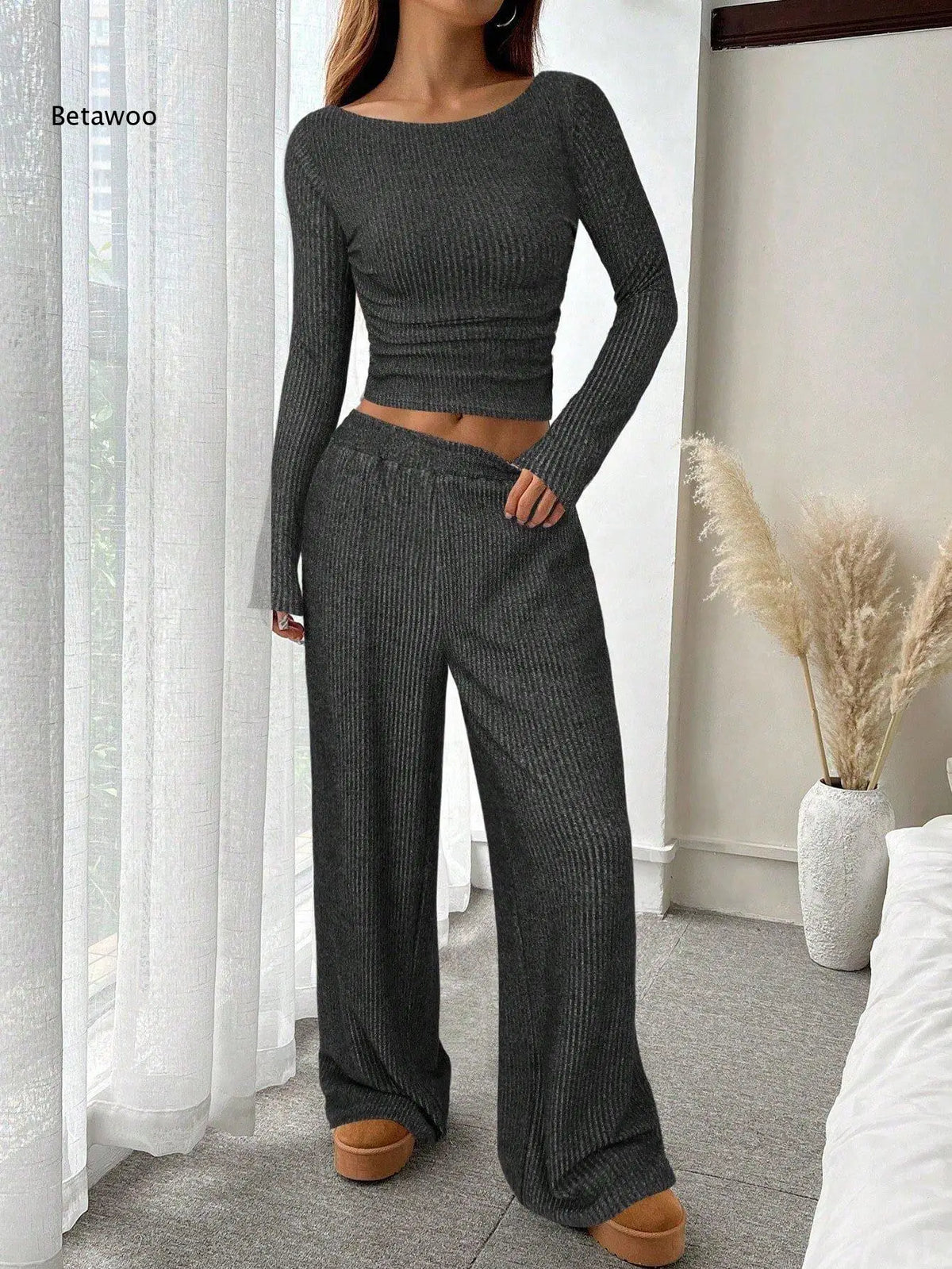 Ribbed Knit Off Shoulder Loungewear Set for Women