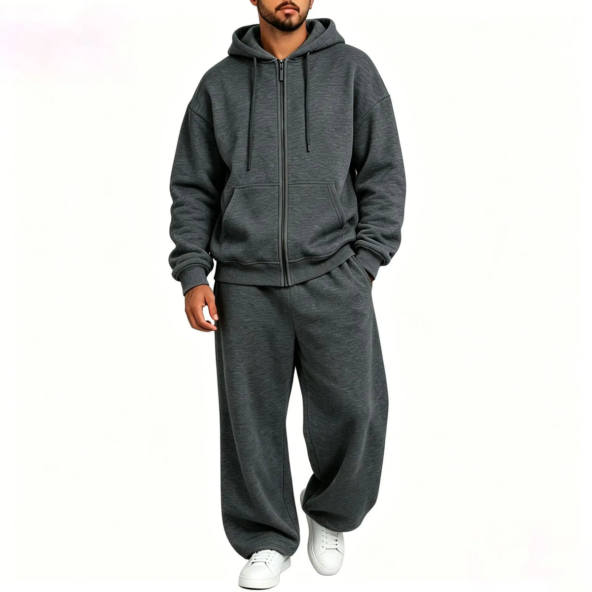 Women's Autumn Winter Fleece-lined Warm Tracksuits Zip-up Hooded Sweatshirt And Drawstring Pants Two Piece Set