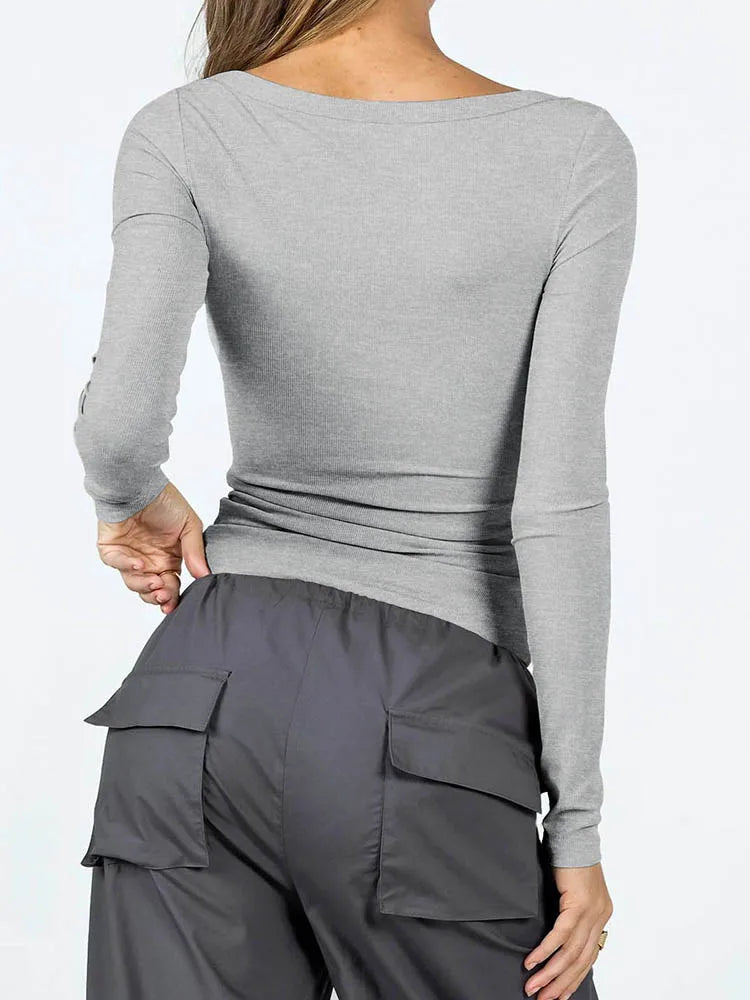 Women Long Sleeve Square Neck T-Shirt Tops Solid Color Street Casual Fall Spring T-Shirt For Women 2024 New