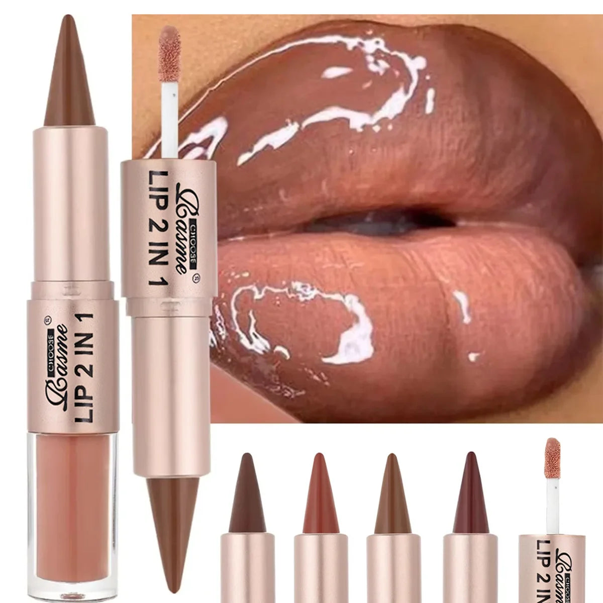 2 in 1 Dual End Matte Lip Liner Pencil & Shiny Mirror Lip Gloss Waterproof Long Lasting Lip Cosmetics for Smooth Application