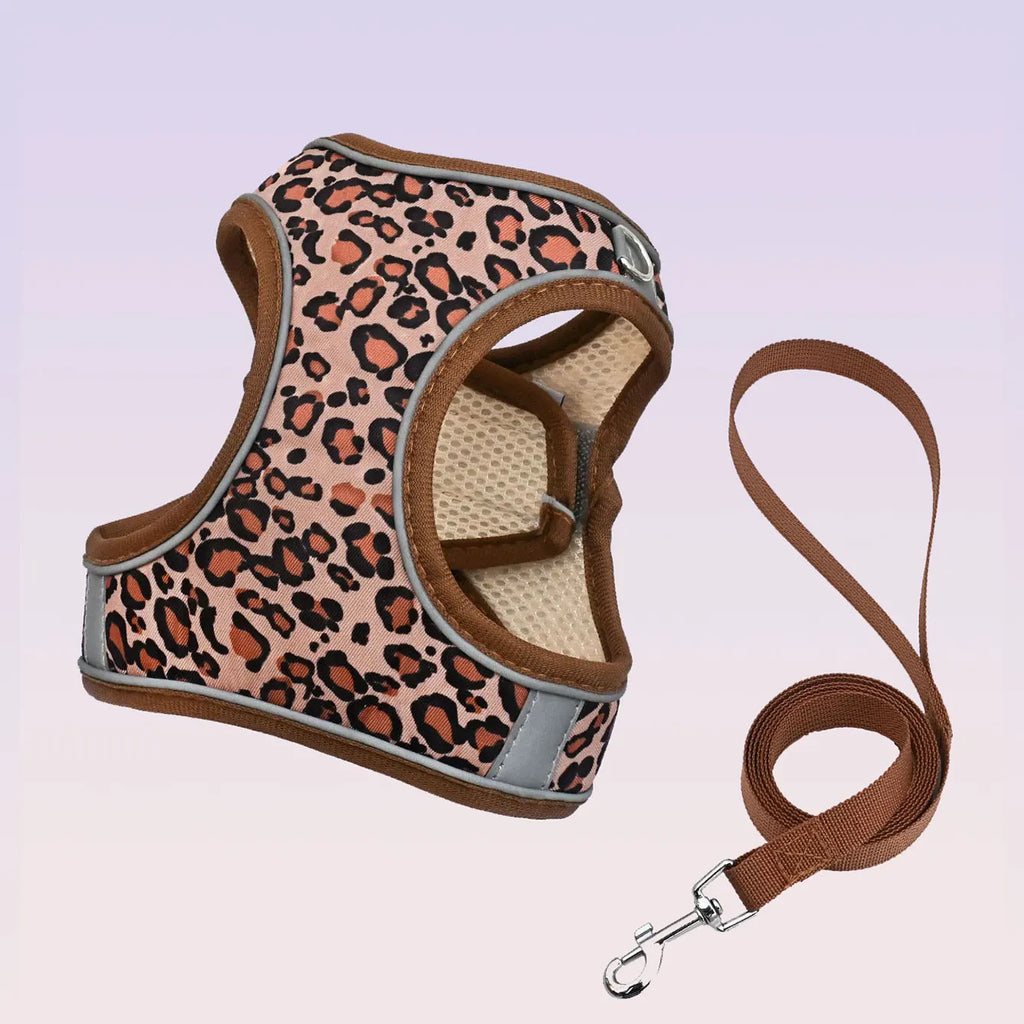 DH009-Adjustable Leopard Print Pet Cat & Dog Harness, Vest Harness Breathable Skin-Friendly Mesh, 1.5-Meter Leash, Lightweight
