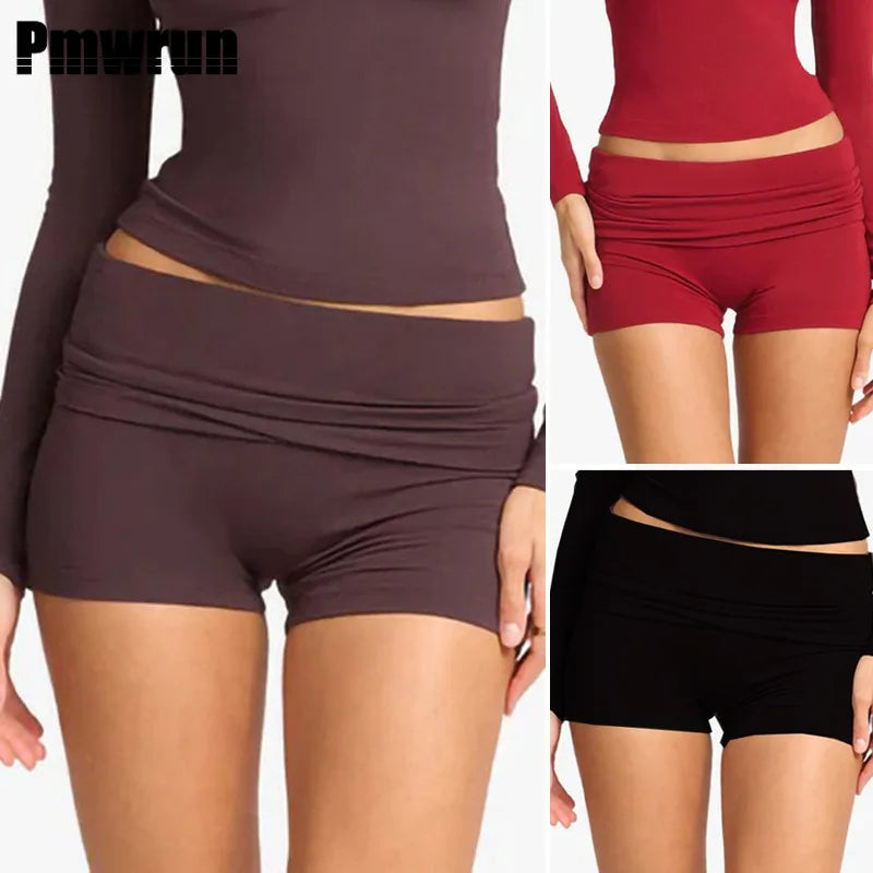 PMWRUN Women Fold Over Waist Biker Shorts High Waisted Ruched Design Soft Stretchy Breathable For Yoga Gym Workout Casual Wear
