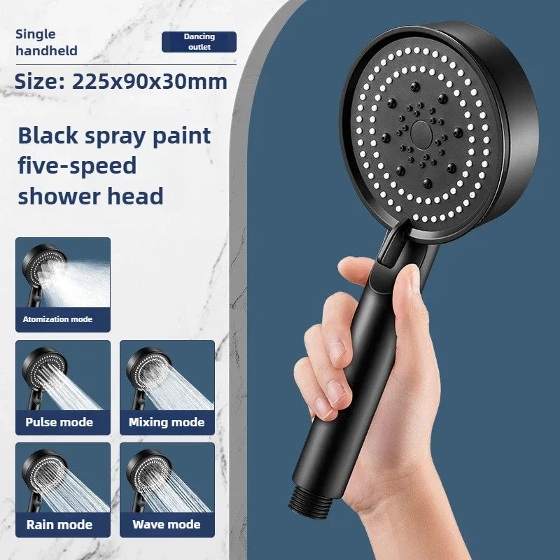 High-Pressure Handheld Shower Head with Stand and Hose - 5 Adjustable Water Flow Modes, Round Plastic Bathroom Accessory
