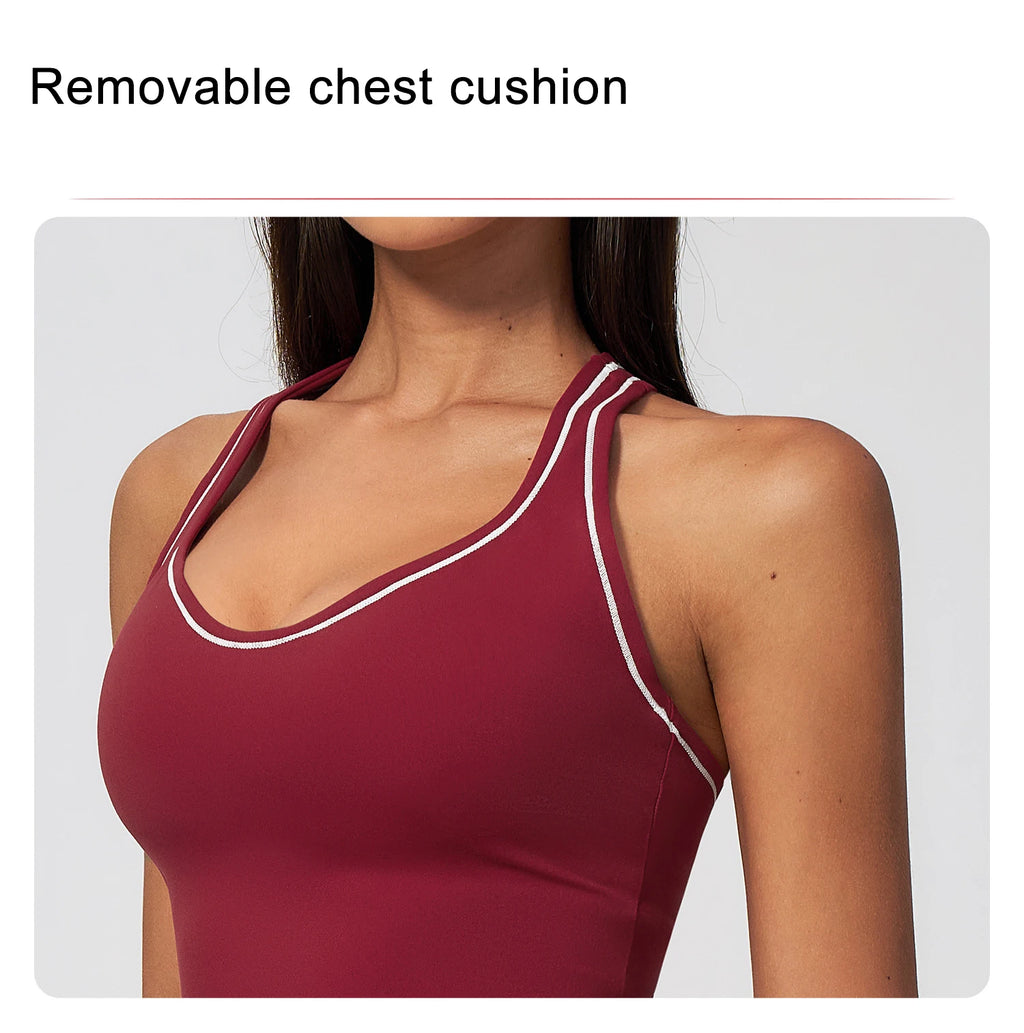 Hamidou Woman Color Blocking Yoga Tank Top Summer Gym Running Beautiful Back I-shaped Vest Gather Shockproof Workout Fitness Top