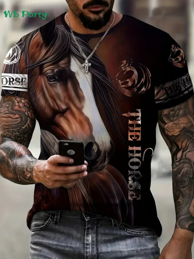 New Horse T-Shirts for Men Summer Outdoor Men Short Sleeve Animal Print Breathable Men's Clothing Fashion Round Neck Men's Tops