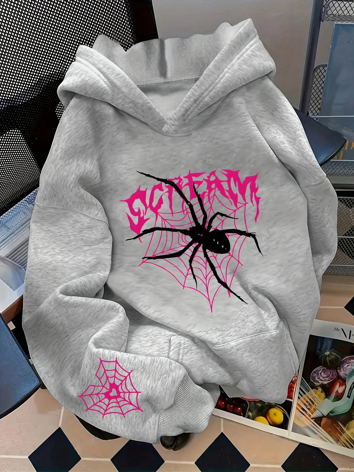 Men's Gothic Spider Print Hoodie Hip Hop Sports Casual Streetwear Pink Graffiti Pullover Sweatshirt Tops