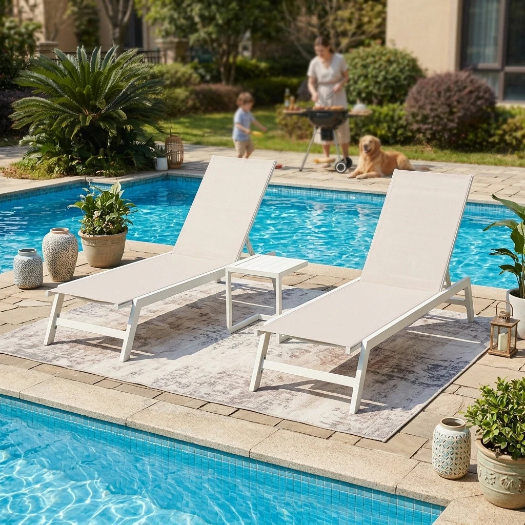 3PCS Aluminum Teslin Sun Lounger Set With Side Table Adjustable Backrest Outdoor Chaise Lounge Pool Garden Beach Hotel Sunbed
