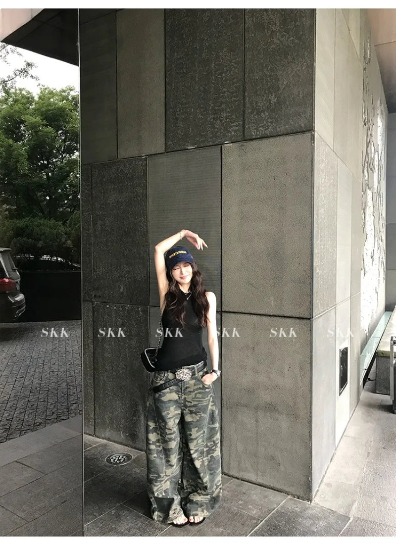 YJKDYK High Waist Camouflage Workwear Jeans Women's Autumn Spring American Retro Wide Leg Floor-Length Pants Trendy High Street