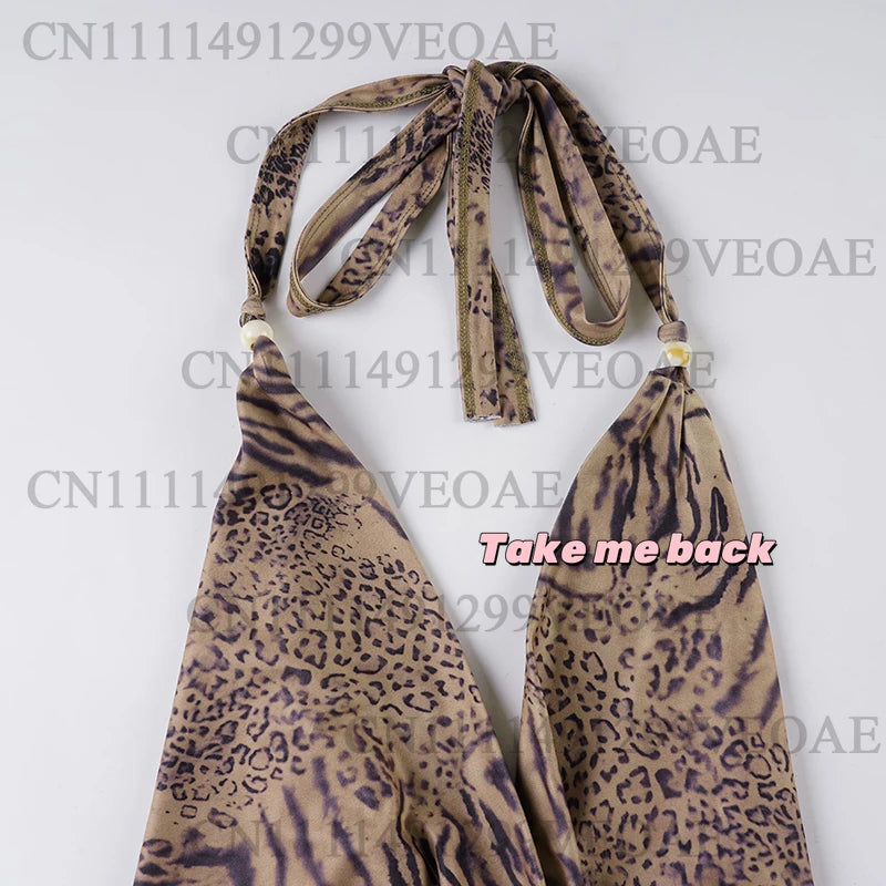 2026 Woman Leopard Print 2 Piece Set Outfit Halter Deep V-neck Backless Crop Top & Low-Rise Shorts Sexy 2pcs Summer Clothes