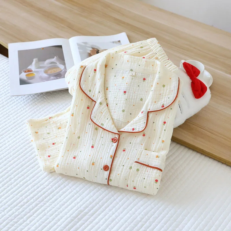2025 Autumn Cotton Crepe Women's Pajamas Casual Soft Loose Sleepwear Long Sleeve Pants Pajama Sets Night Clothes 2-piece Set