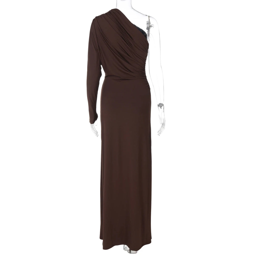 Dulzura One-Shoulder Long Sleeve Slim Fit Ruched Long Dress Women'S Solid Sexy Elegant Clothes Evening Party Club Autumn Clothes