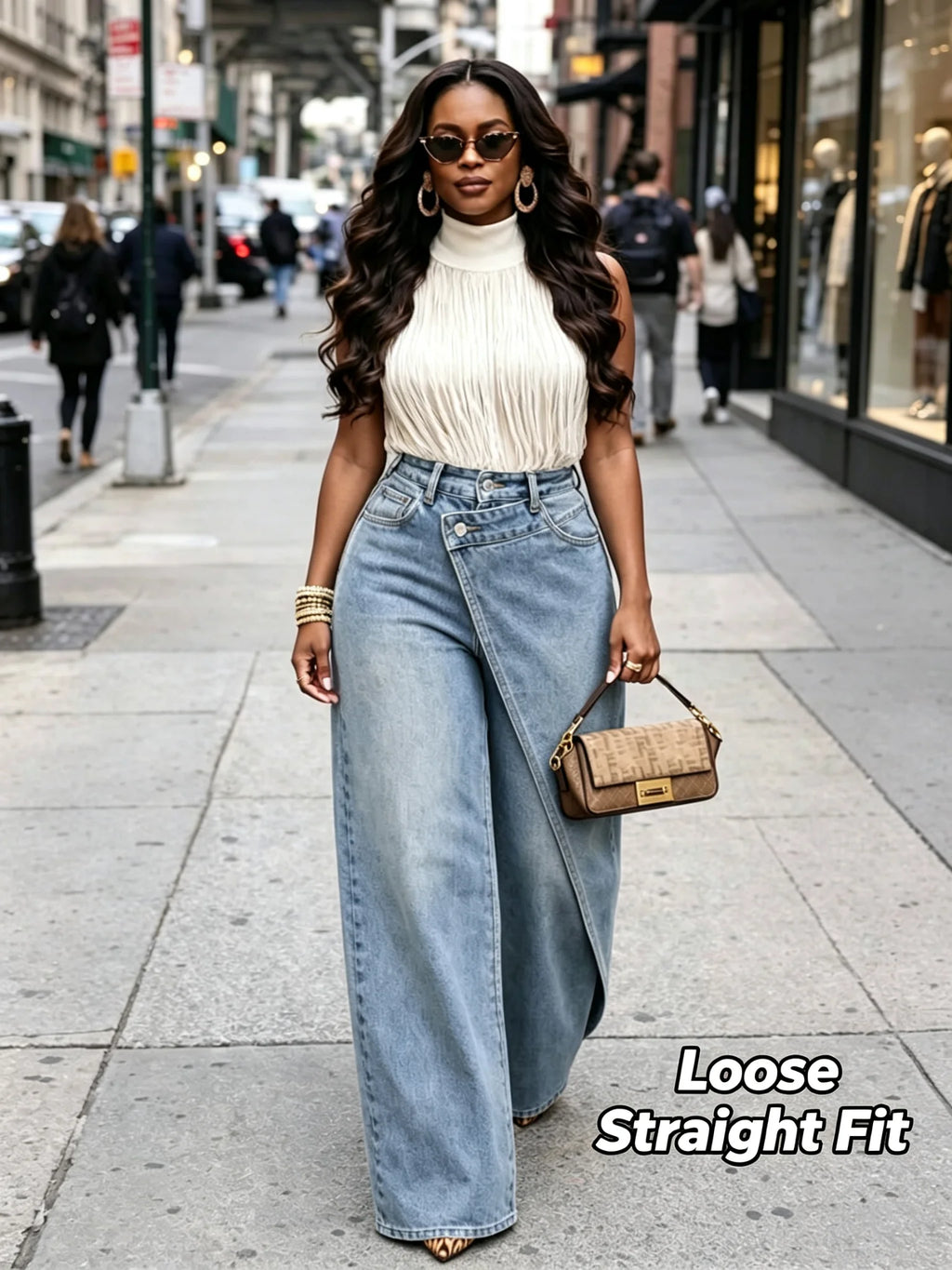 2026 New Women High Waist Wide Leg Jeans Asymmetrical Wrap Front Design Loose Straight Denim Pants Casual Office Wear Trousers