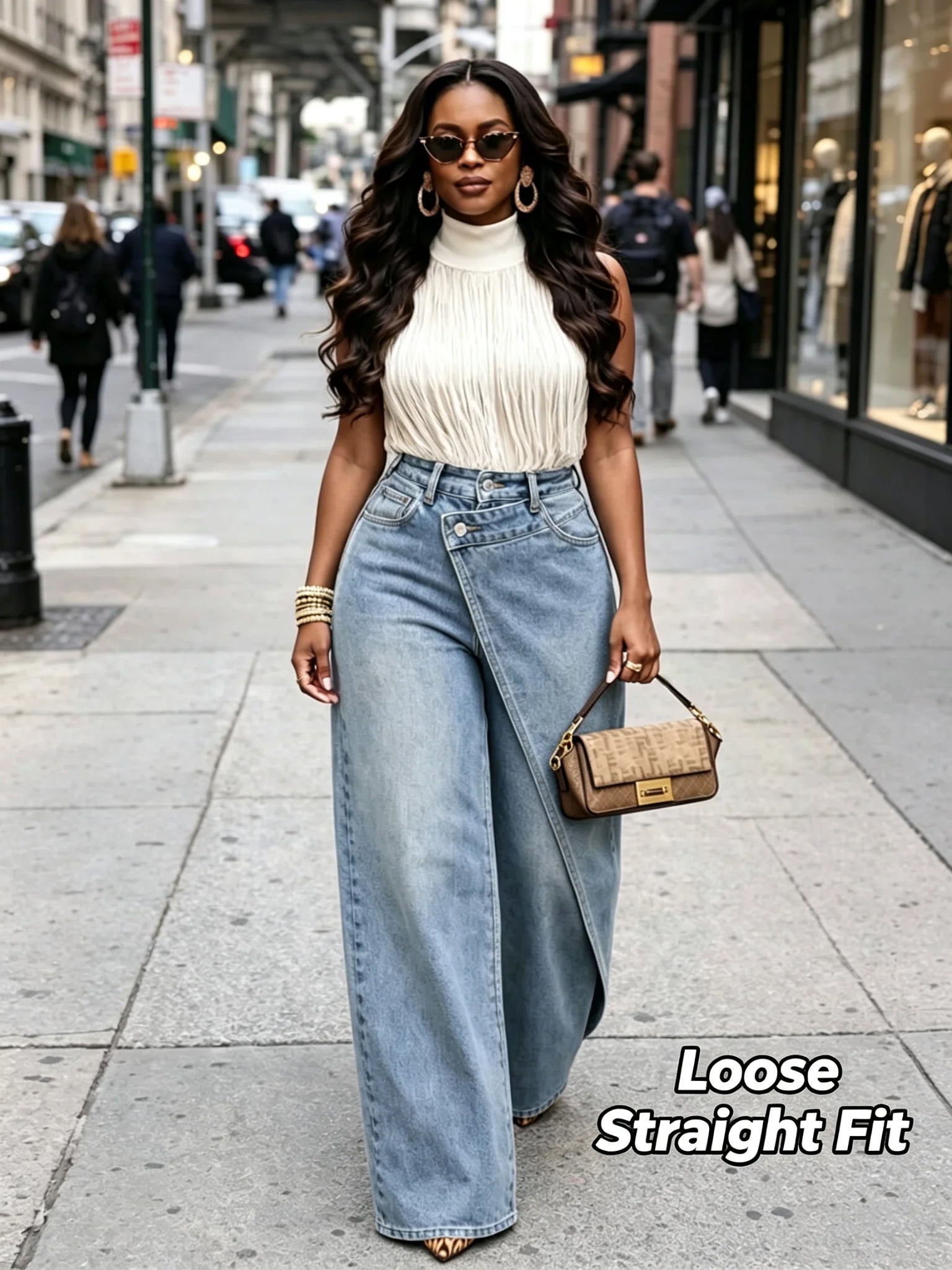 2026 New Women High Waist Wide Leg Jeans Asymmetrical Wrap Front Design Loose Straight Denim Pants Casual Office Wear Trousers