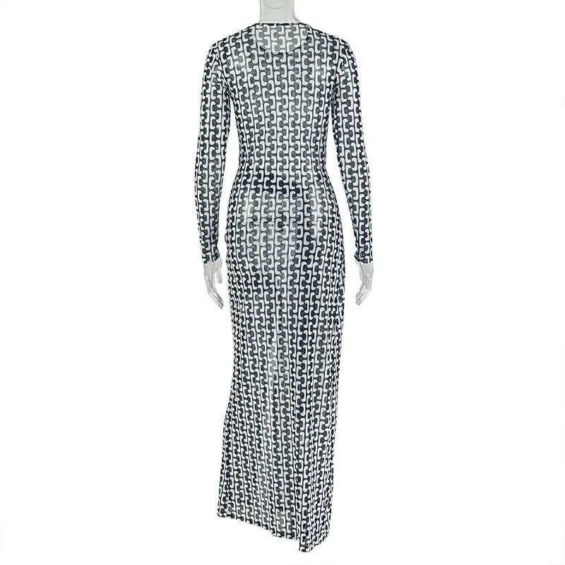 Women's Turtleneck Long Sleeve Waistband Ribbons Decoration Hips Wrapped Split Long Dress, Slight Perspective