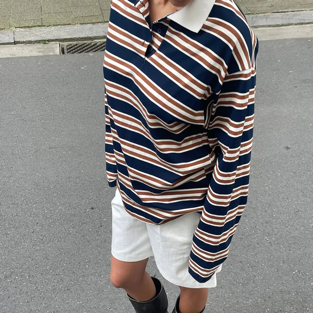 New Fashion Women T-Shirt Long Sleeve Turn Down Collar Stripes Fall Tops Streetwear For Casual Daily Hot Sale S M L